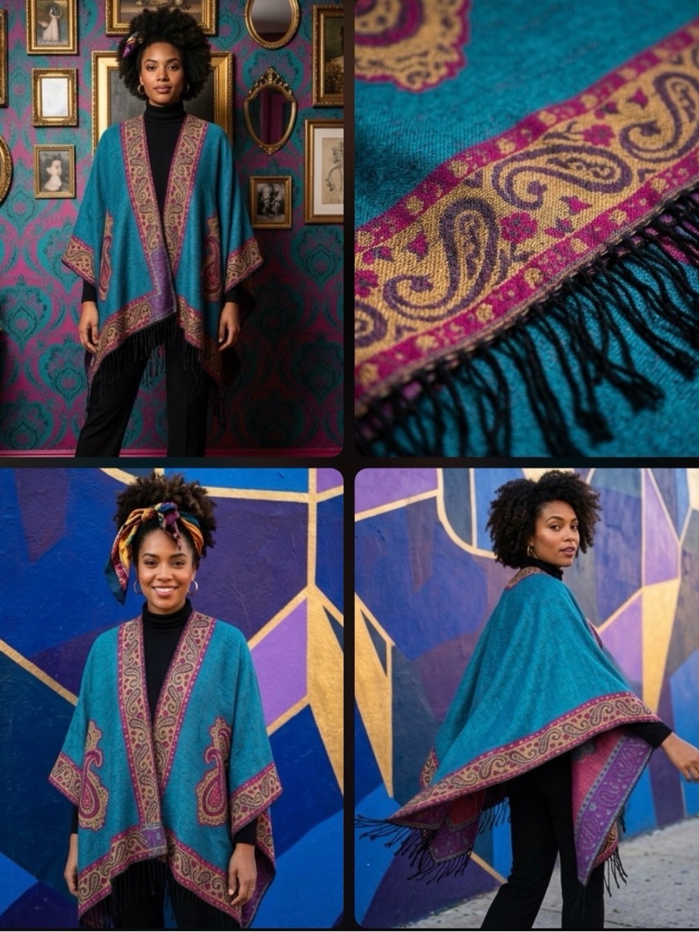 Bohemian Paisley Fringe Wrap Jacket - Women Colorful Teal, Fuchsia & Gold